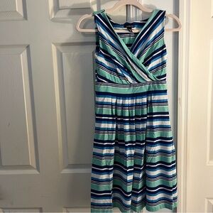 Lands End fit and flare blue white green striped dress XS excellent condition!!